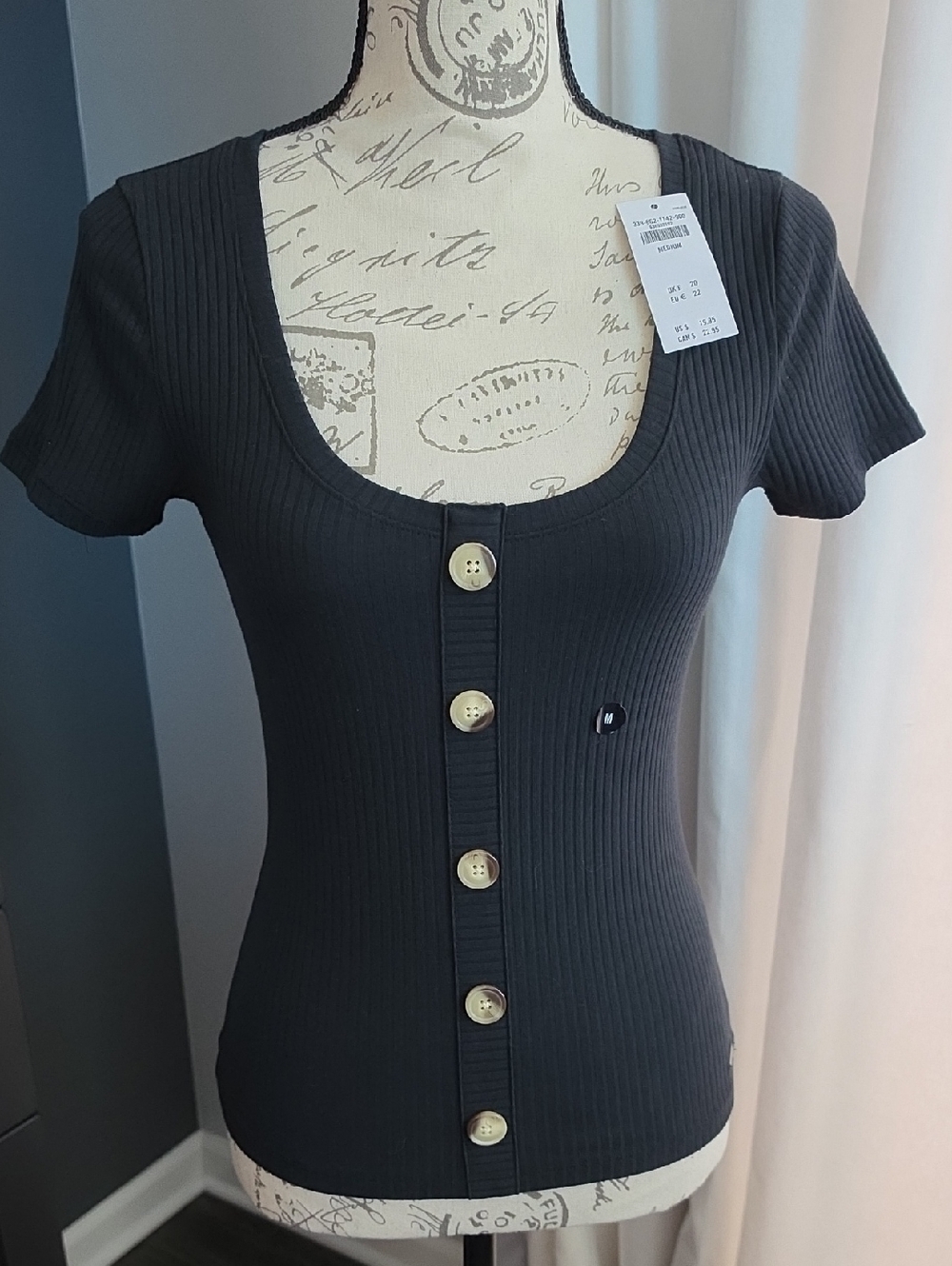 Hollister Black Ribbed Scoop-Neck Button Front Tee